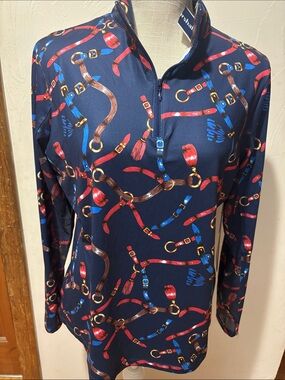 Gottex Navy Blue Long Sleeve Jersey Top with Red, Brown and Gold Harness Print